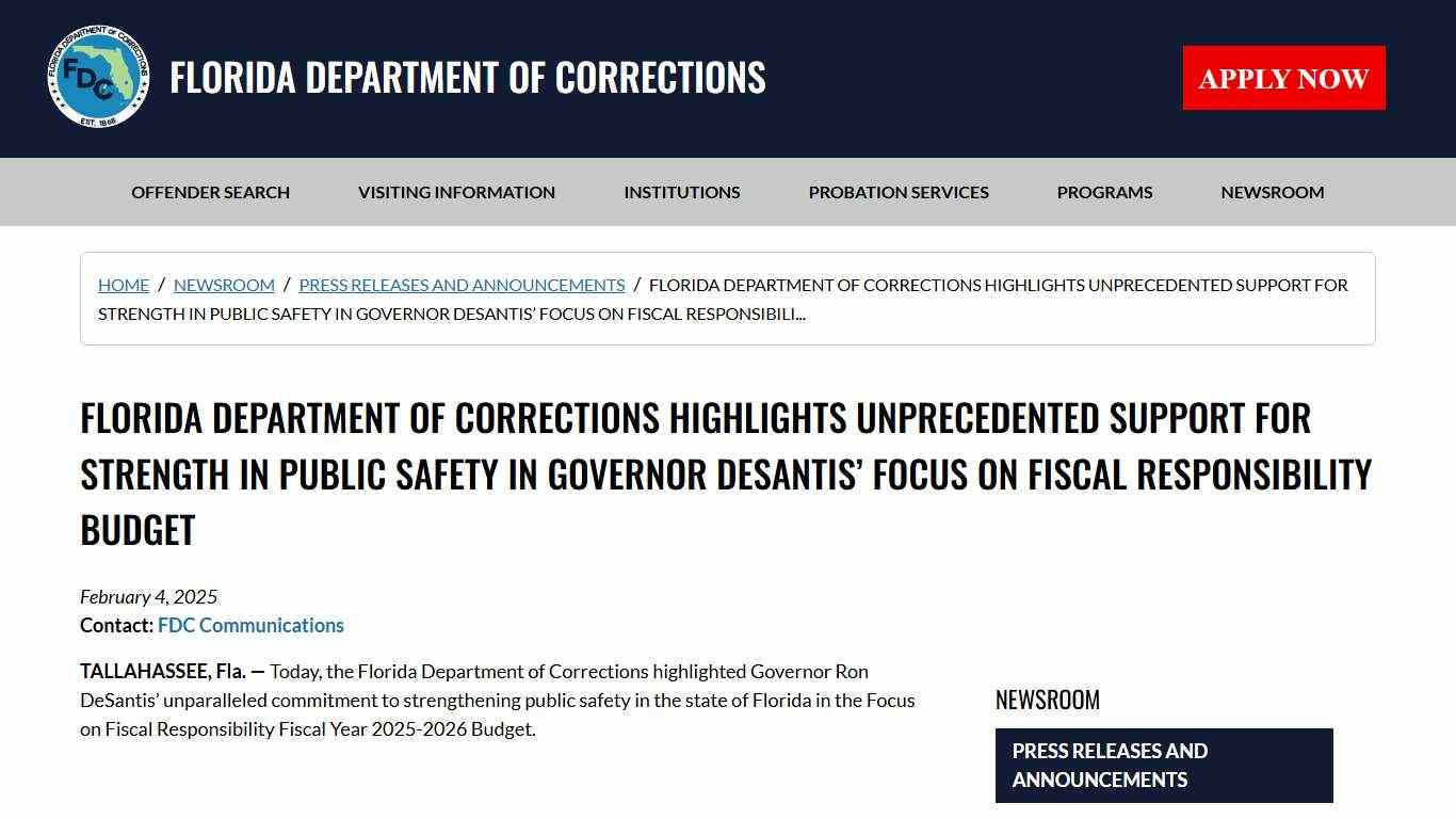 Florida Department Of Corrections Highlights Unprecedented Support For Strength In Public Safety In Governor Desantis’ Focus On Fiscal Responsibili... / Press Releases and Announcements / Newsroom - Florida Department of Corrections