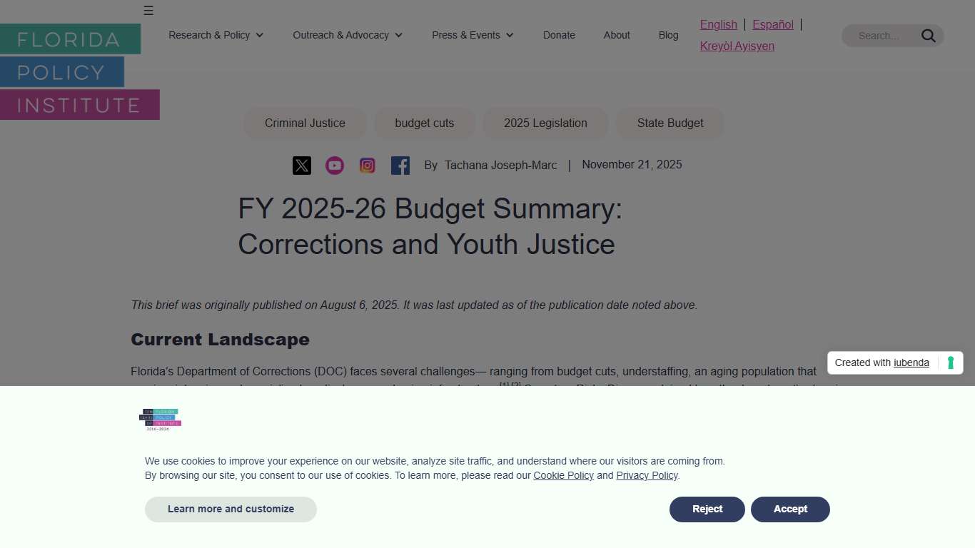 FY 2025-26 Budget Summary: Corrections and Youth Justice